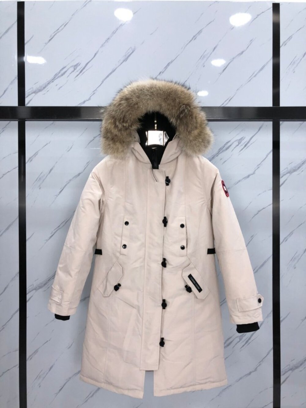 Light Beige Fur‑Trim Hooded Long Parka Down Coat
